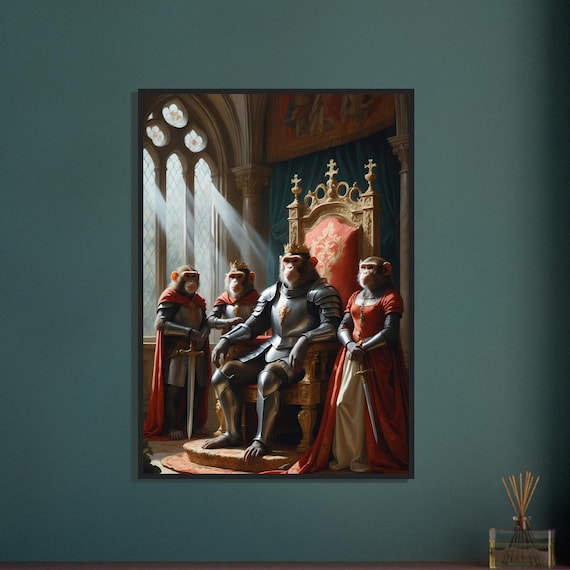 Medieval Monkeys: Regal Knights Oil Painting Poster - Framed Fine Art Decor