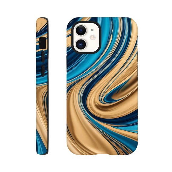 iPhone Elegant Abstract - Marbled Deep Blues & Gold - Slim Tough Protection - Stylish Durable Cover for iPhone 14, 13, 12