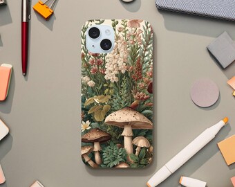 Victorian Botanical Phone Case - Wildflowers Mushrooms Design Elegant Nature Art Forest Green Sage Rose