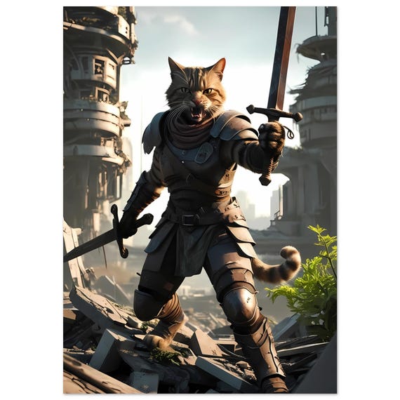 Post Apocalyptic Warrior Cat Poster - Unique Art Print on Premium Matte Paper - Cat Lover Gift