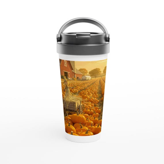 Rustic Autumn Farm Landscape Pumpkin Art Stainless Steel Travel Mug - Vintage Harvest 15oz Cup