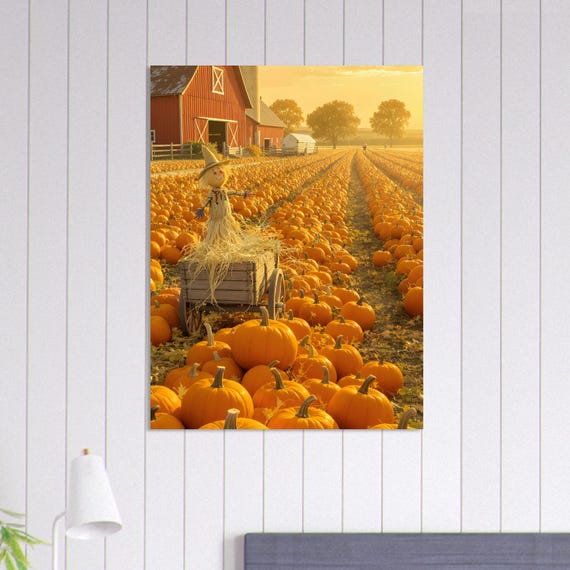 Pumpkin Patch Farm Scene Poster: Rustic Autumn Wall Art