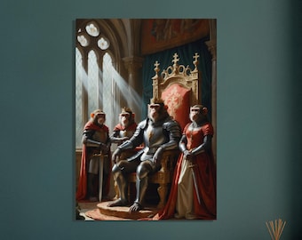Monkeys as Knights Art Poster: Wall Decor Medieval Animal Fantasy Regal Whimsical Home