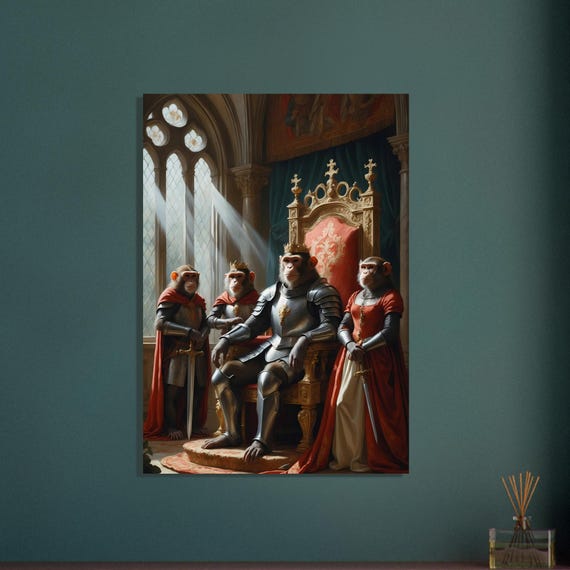 monkey art poster Monkeys: Detailed Oil Painting Poster of Monkeys as Knights - Funny Art for Home Decor
