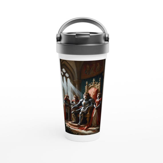 Medieval Monkeys Mug | Detailed Regal Knight & Lady Design | Unique Travel Mug Gift