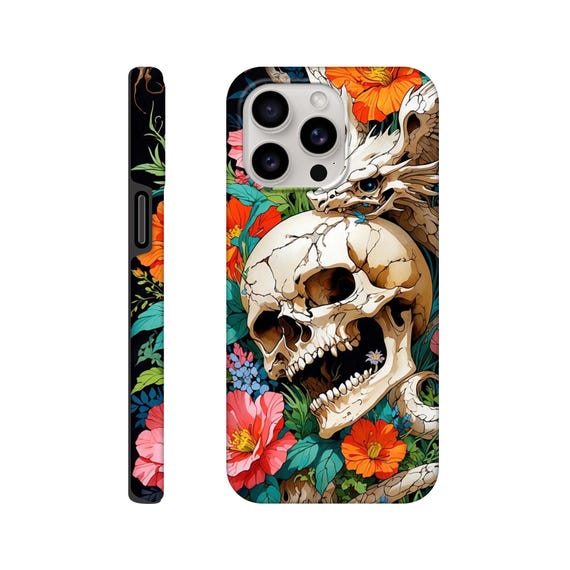 gothic garden style Dragon Garden Phone Case - Customizable Tough Case with Skull Design & Watercolor Blooms