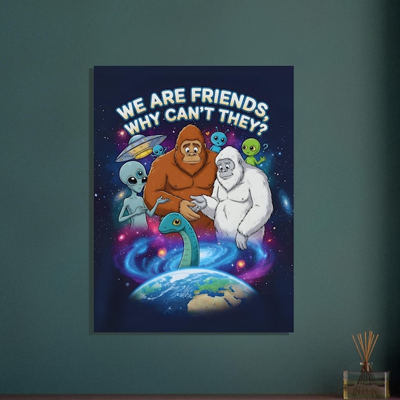 Whimsical Crypto-Alien Portrait: Colorful Fine Art Print of Friendly Extraterrestrial Creatures in Space