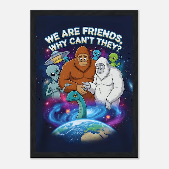Whimsical Space Cryptids Framed Poster - Friends in Orbit with Bigfoot & Aliens