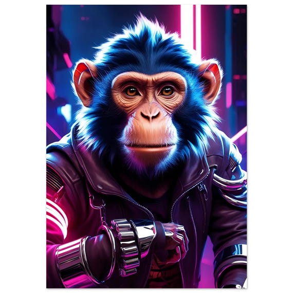 Futuristic Urban Monkey Cyberpunk Art Print - Modern Home Office Wall Decor Poster