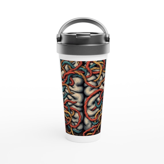 Brainy Chaos: Unique Brain Illustration Travel Mug - Colorful Stainless Steel Coffee Cup Gift