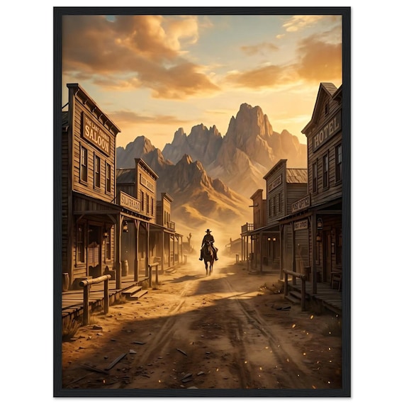 Wild West Framed Poster | Stranger Arrives in Old Town Rustic Cowboy Wall Art | Western Home Decor Gift for Him