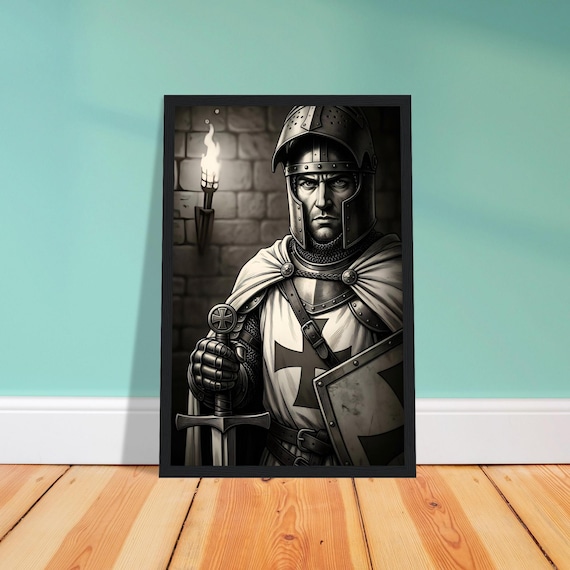 Medieval Templar Knight Framed Art Print - Historical Crusader Warrior Poster Ready to Hang Pine Wood Wall Decor