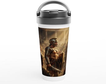 Roman Gladiator Travel Mug, 15oz Stainless Steel Tumbler, Ancient Warrior Coffee Cup