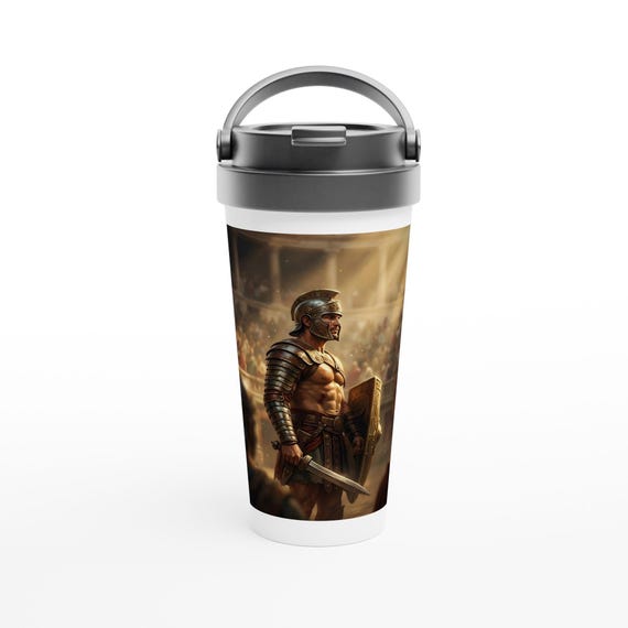 Roman Gladiator Travel Mug, 15oz Stainless Steel Tumbler, Ancient Warrior Coffee Cup