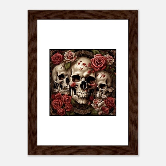 Gothic Elegance: Skulls and Roses Wooden Frame Poster - Unique Wall Art