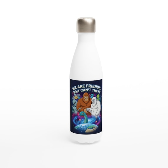 Whimsical Cosmic Cryptids Water Bottle: 17oz Insulated Flask with Friendly Aliens & Sasquatch Design