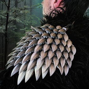 May include: A shoulder piece with a layered, scale-like design in shades of brown and silver. The piece is attached to a black, feathery garment. The background features a blurred forest scene.