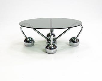 Sputnik salontafel van verchroomd metaal en rookglas, jaren 70, Italië
