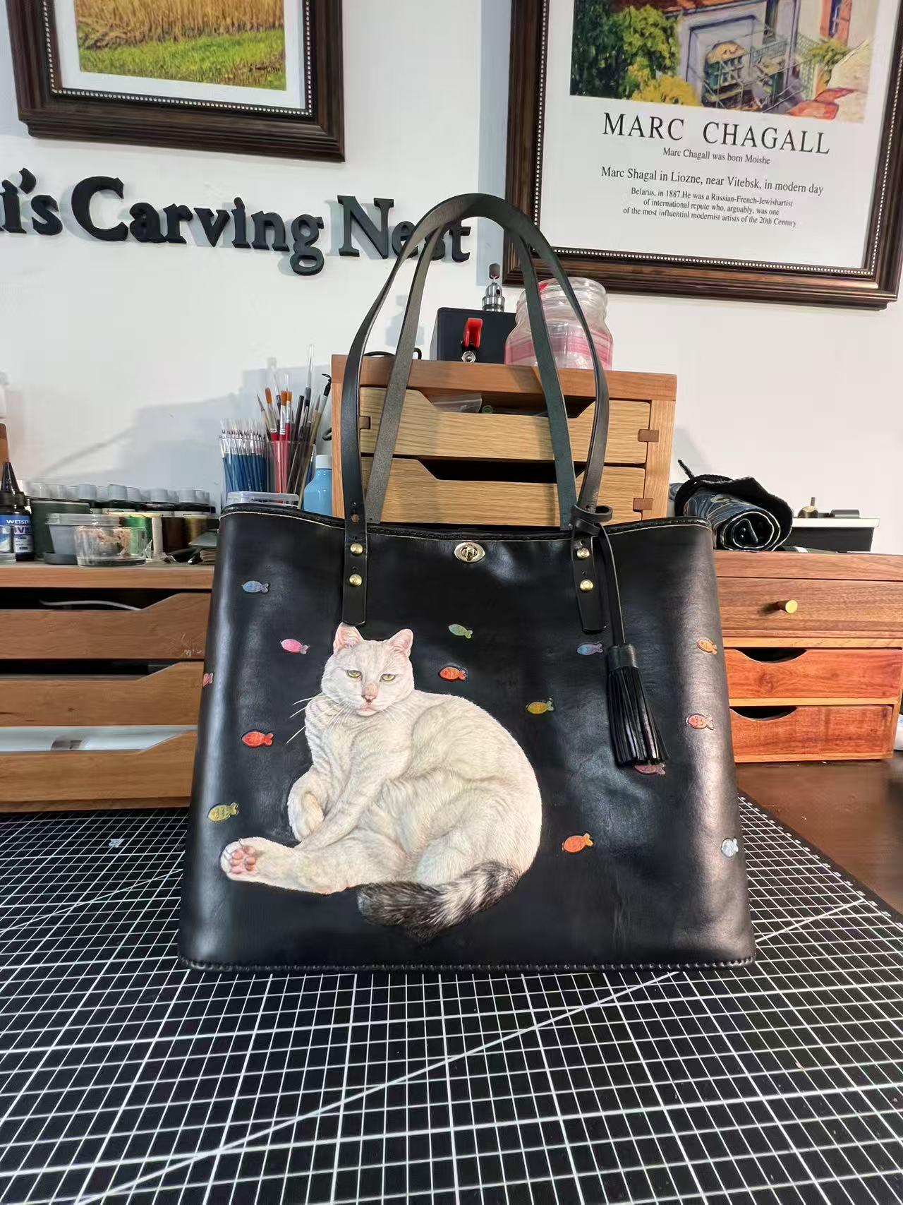 Handcrafted Leather Tote With Custom 3D Pet Portrait | A Handcrafted Leather Tote With Custom 3D Pet Portrait | A