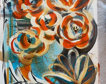 Orange Blooms Original Mixed Media Painting on Watercolor Paper by Krista J Brock