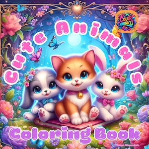 Pode incluir: Uma capa de livro para colorir com tr&ecirc;s animais de desenho animado fofinhos: um gato, um cachorro e um coelho. Os animais est&atilde;o sentados em um livro com as palavras "Cute Animals Coloring Book" em letras rosa.