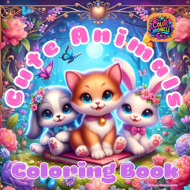 Pode incluir: Uma capa de livro para colorir com tr&ecirc;s animais de desenho animado fofinhos: um gato, um cachorro e um coelho. Os animais est&atilde;o sentados em um livro com as palavras "Cute Animals Coloring Book" em letras rosa.