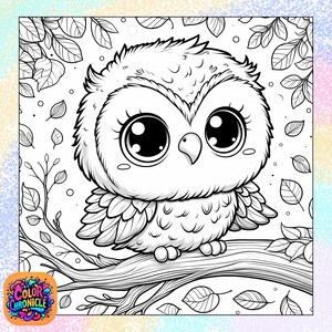 Pode incluir: Um desenho em preto e branco de uma coruja de desenho animado fofa com olhos grandes empoleirada em um galho. A coruja est&aacute; cercada por folhas.