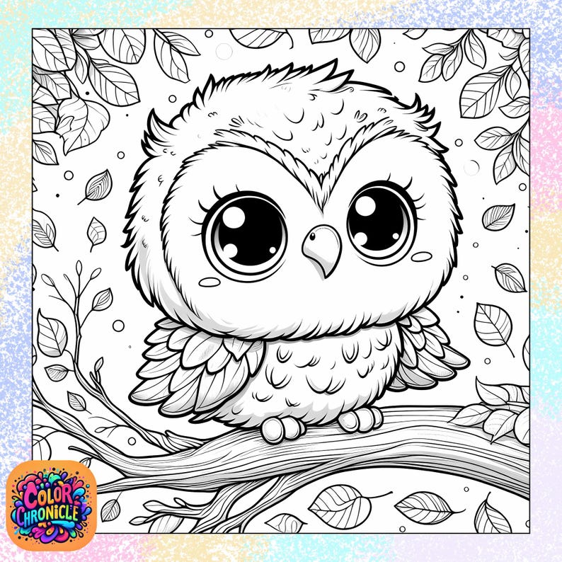 Pode incluir: Um desenho em preto e branco de uma coruja de desenho animado fofa com olhos grandes empoleirada em um galho. A coruja est&aacute; cercada por folhas.