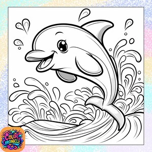 Pode incluir: Um desenho de linha preto e branco de um golfinho de desenho animado saltando para fora da &aacute;gua. O golfinho est&aacute; sorrindo e tem olhos grandes. A &aacute;gua &eacute; representada como uma s&eacute;rie de ondas e respingos.