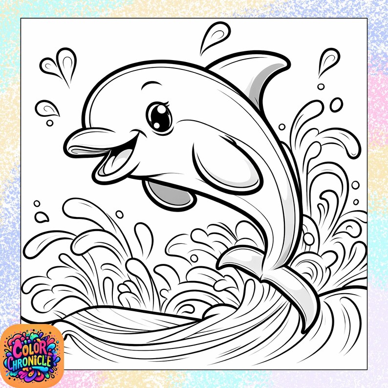 Pode incluir: Um desenho de linha preto e branco de um golfinho de desenho animado saltando para fora da &aacute;gua. O golfinho est&aacute; sorrindo e tem olhos grandes. A &aacute;gua &eacute; representada como uma s&eacute;rie de ondas e respingos.