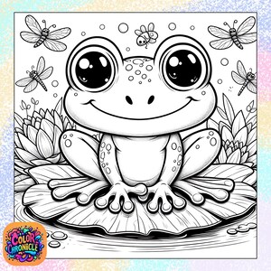 Pode incluir: Um desenho a preto e branco de um sapo sentado numa folha de l&iacute;rio de &aacute;gua. O sapo tem olhos grandes e um sorriso largo. H&aacute; v&aacute;rios pequenos insetos a voar &agrave; volta do sapo.