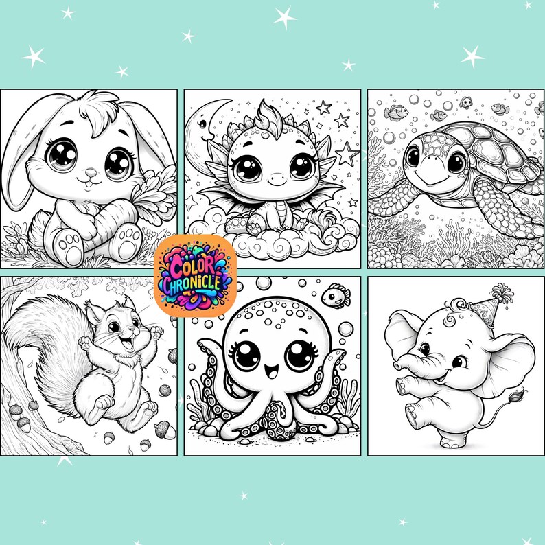 Pode incluir: Um conjunto de seis p&aacute;ginas para colorir em preto e branco com ilustra&ccedil;&otilde;es de animais ador&aacute;veis. Os animais incluem um coelho, um drag&atilde;o, uma tartaruga, um polvo, um esquilo e um elefante. As p&aacute;ginas s&atilde;o perfeitas para crian&ccedil;as que adoram colorir.