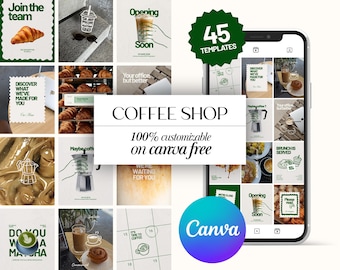 Coffee Shop Social Media Kit Canva | Instagram Templates Bundle | 30 Posts, 15 Stories, Menu Template, AI Photos, Editable Canva Free