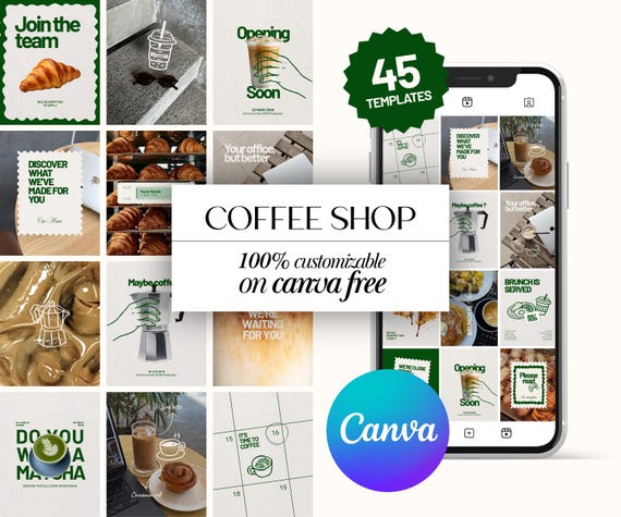 Coffee Shop Social Media Kit Canva | Instagram Templates Bundle | 30 Posts, 15 Stories, Menu Template, AI Photos, Editable Canva Free