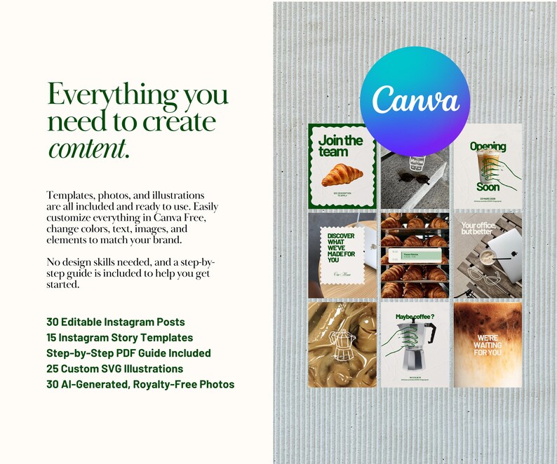 Social Media Kit för kaféer i Canva | Instagram-mallar i paket | 30 inlägg, 15 berättelser, menymall, AI-foton, redigerbar Canva gratis bild 6