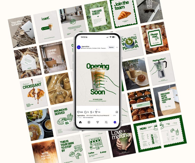 Social Media Kit för kaféer i Canva | Instagram-mallar i paket | 30 inlägg, 15 berättelser, menymall, AI-foton, redigerbar Canva gratis bild 2