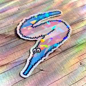 May include: A holographic worm sticker with a blue outline and googly eyes. The worm is a mix of pink, blue, and iridescent colours. The sticker is on a wooden surface.