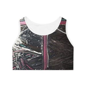Sujetador deportivo con arte abstracto, top deportivo único, ropa de fitness, equipo para entrenar, regalo para ella, ropa deportiva con estampado llamativo