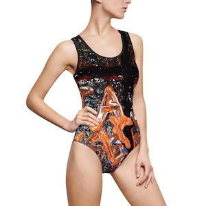 Frauen moderne künstlerische einteilige Badeanzug, trendige Bademode, Strandmode, Sommer-Outfit, Pool-Party unverzichtbar, Urlaubs-Stil