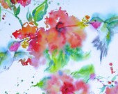 hummingbird watercolor art print,bird art,hummingbird painting print,original abstract bird,hibiscus art,wall decor, flower garden bird art