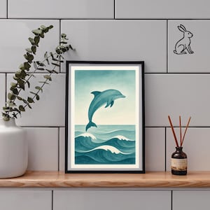 Dolphin Watercolor Print, Coastal Wall Art Minimalist Ocean Decor Blue Bathroom Art Beach House Decor Marine Life Print Digital Download