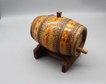 Hand Carved Wooden Barrel with Stand: Bulgarian Folk Art Decor