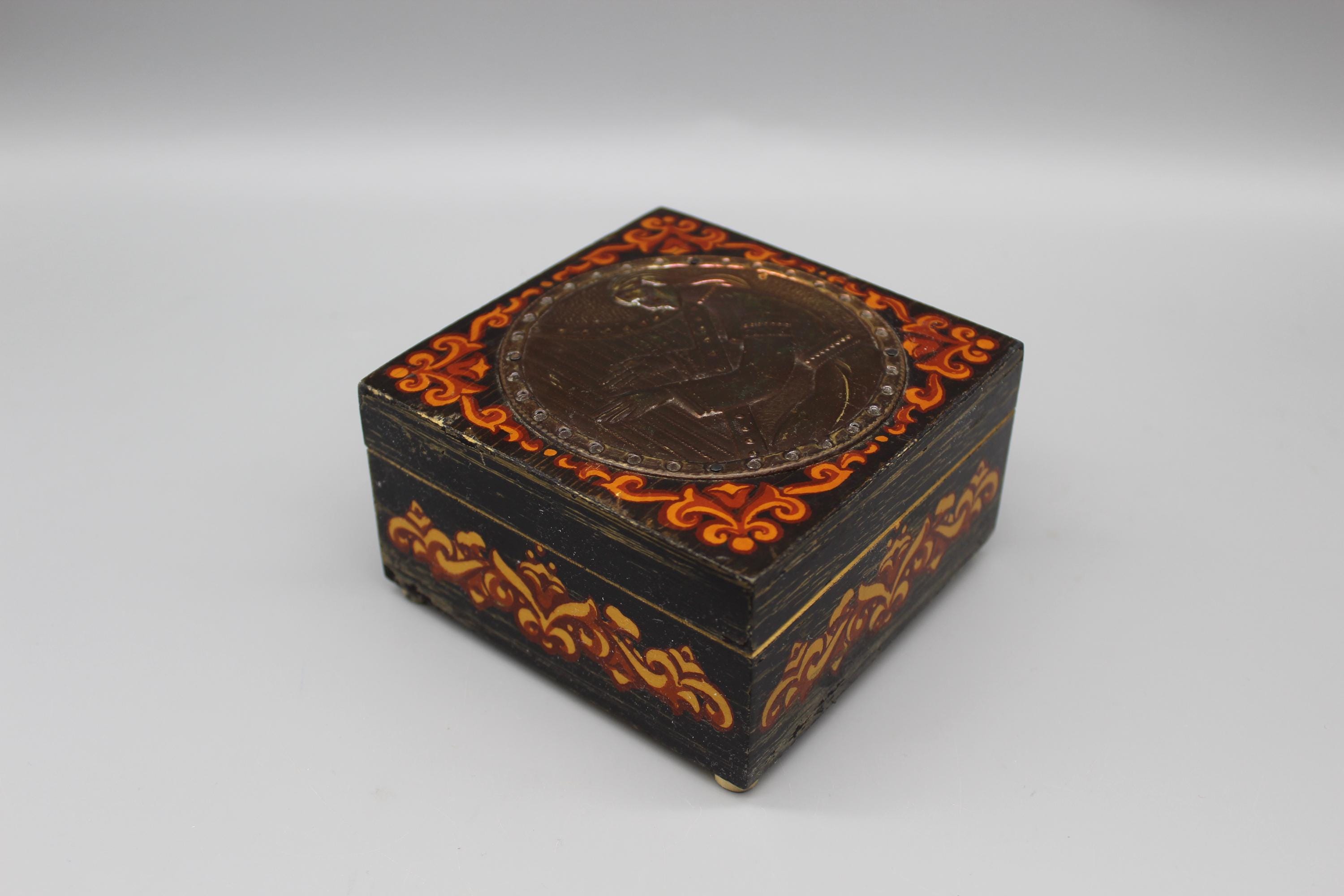 Hand-painted Russian Wooden Box With Metal Inlay – Vintage Trinket