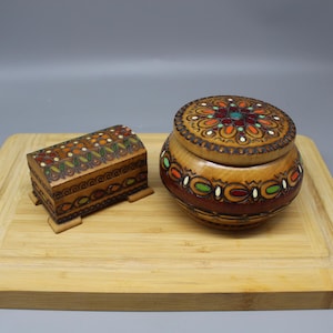 Set of Wooden Jewelry Boxes. Hand Painted Boxes. Hand Pyrographed Wooden Boxes. Jewelry. Home Decor. Bulgarian Wood Craftsmen. NON USED.