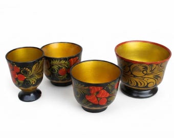 Russian Khokhloma. Vintage Set of Cups. Hand painted. Kitchen Decor. Set with folklore motif.
