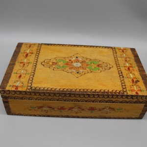 Wooden Box for Personal Items. Vintage Wooden Box. Hand Pyrographed and Painted Box. Home Decor. Rustic Decor.