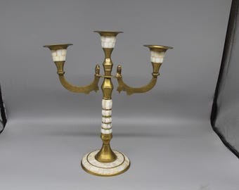 Bronze Triple Candlestick with Mother-of-Pearl Inlays