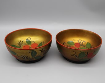 Vintage Russian Khokhloma Wooden Bowls, Hand-Painted Folklore Decor
