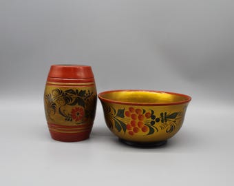 Vintage Russian Khokhloma Wooden Cup and Box Set, Hand-Painted