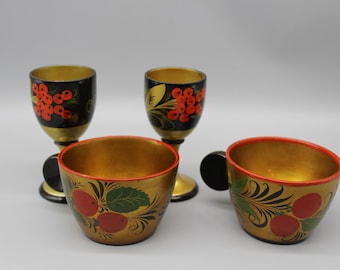 Vintage Russian Khokhloma Wooden Cup Set, Hand-Painted
